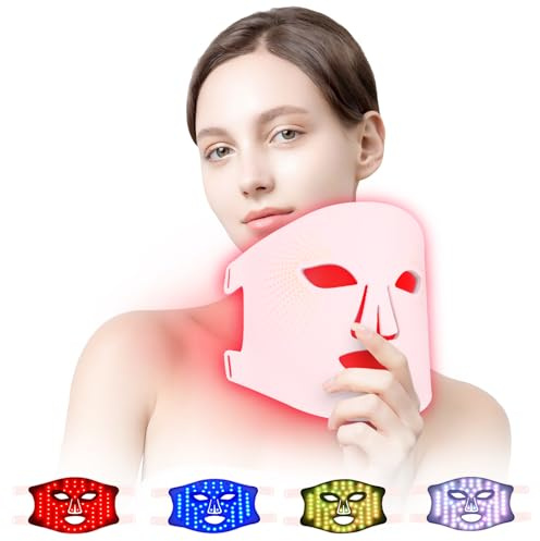 USUIELIGHT LED Gesichtsmaske Lichttherapie, 4 Farben LED Maske Gesicht mit Rotlichttherapie für Gesichtspflege Rosa