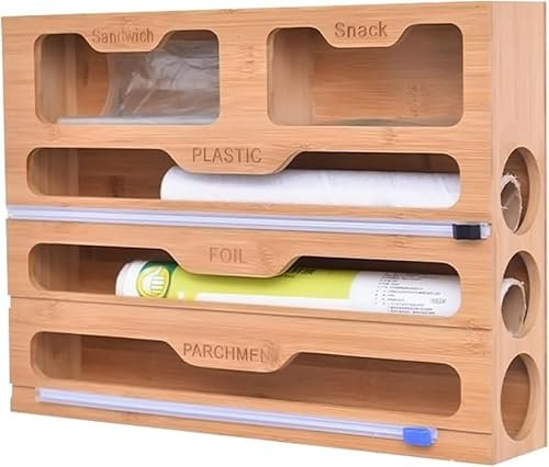 VOSO 5 in 1 Foil Dispenser and Cutter, Foil Film Dispenser and Cutter, Wrap Dispenser with Cutter, Cling Film Dispenser, Bamboo Organiser Storage for Kitchen Drawer, Compatible with 15 or Lower Roll