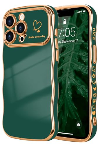 LCHULLE for iPhone 13 Pro Max Case Cute for Women Girls Wavy, Dark Green | Luxury Plating Curly Wave Shape Frame with Love Heart Pattern, Raised Camera Protection Back Cover Shockproof Phone Case