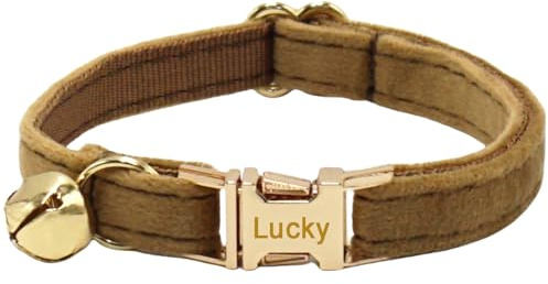 Personalisiertes Katzenhalsband mit Namensschild, verstellbares Samt Katzenhalsband mit Glocke, Haustier Halsband mit Name Telefonnummer Gravierte ID Tags (Camel)