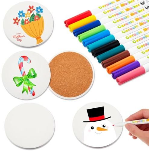Geiserailie Ensemble de sous Verres à Peindre Comprend 4 sous Diy Verres en Céramique Blanche et 12 Stylos Porcelaine de Couleurs Différentes Céramique à Faire Soi-Même pour à Décorer(Rond)