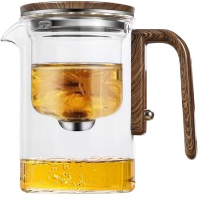Infusor de de vidrio, jarra de té transparente, con mango de madera, antiderrames, filtro de hojas de té, elegante jarra de té, infusor, filtro de té de agua, de vidrio