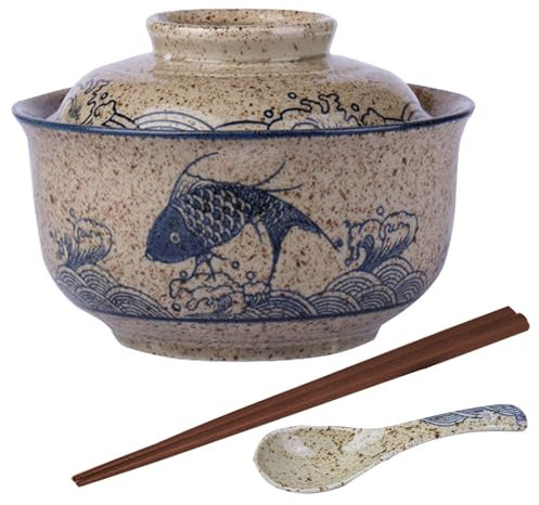 Juego de cuencos ramen de 800 ml, cuenco de fideos, cuencos para ramen con tapa, cucharas de ramen, palillos, cuenco de cerámica para cuenco de pasta, aperitivos, sopas, ensaladas, cereales, tazón