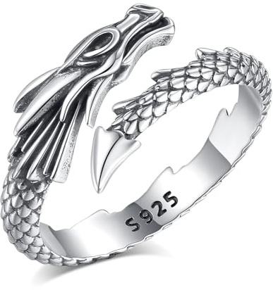 AEONSLOVE Drachen Ring Silber 925 Drachenring Damen Verstellbarer Ringe für Herren Damen Frauen Männer Offener Ring Verstellbar Vintage Drachen Schmuck
