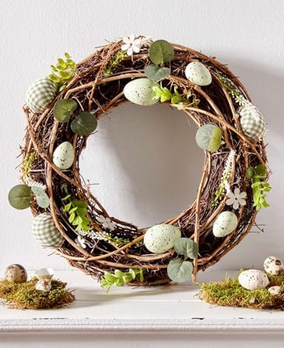 Dekoleidenschaft Dekokranz Frühlingsgrün Ø 34 cm, Osterkranz mit Ostereiern, Blumen & Blättern, Reisigkranz, Tischkranz, Wandkranz, Türkranz