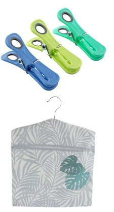 Beldray 24 Pegs & Peg Bag – Dual-Grip Recycled Plastic Clothespins with Additional Hook for Hanging Delicates, Palm Leaf Print Clothespin Bag, Hang on the Line Design, Holds up to 100 Pegs, 33 x 30 cm