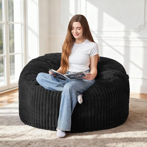 HABUTWAY 3FT Bean Bag Chair, 3' Large Bean Bag Chairs for Adults with Stripe Plush Cover, Memory Foam Beanbag Chair for Living Room Bedroom Dorm，Black