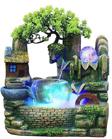 Fontana da Tavolo con Cascata e Roccia Fontana da Tavolo con Fontana a Cascata, Piccola Fontana a Cascata in Resina for Interni con luci a LED Che cambiano Colore for casa e Ufficio(Style2)