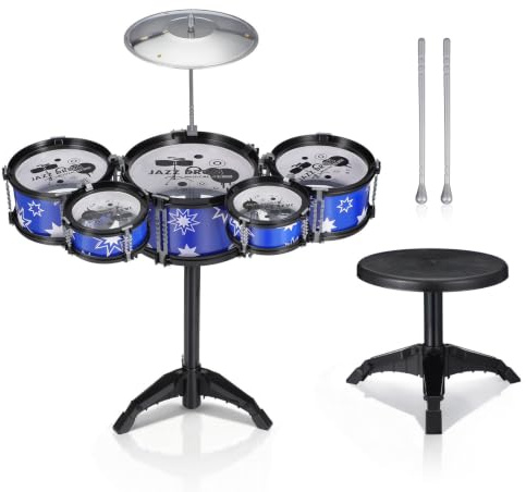 Batería Infantil de 21 Pulgadas 5 Tambores de Plástico | Instrumentos Musicales de Percusión, para Niños Pequeños y Niñas, Incluye Platillo, Baquetas y Taburete