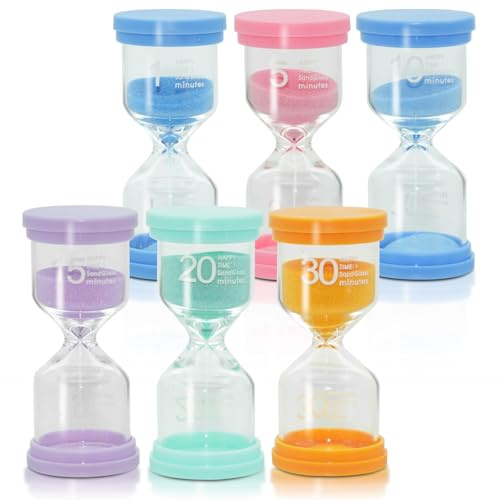 Jomdjmskes 6 Pezzi Clessidra Bambini, 1/5/10/15/20/30 Minuti Sabbia Clessidre Colorato Timer dell'Orologio, Clessidra Colorata per Bambini e Classe,Timer per Spazzolini da Cucina Time Management