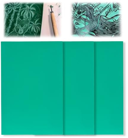 Soft Rubber Lino Printing Sheets Pack of 3 A4 Green Flat Surface Cut Polymer Manual Lino Block Print Carving Plates Set for Rubber Stamps Engraving Printmaking Artistic Creation
