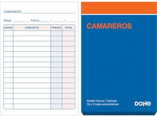 Dohe - Talonarios Camareros (10 uds.) - 50 Hojas Triplicadas (50 Hojas con 2 Copias), Tamaño Bolsillo 8,5x14 cm, Blocs Comanderos Hostelería, Restaurantes, Bares, Material de Oficina