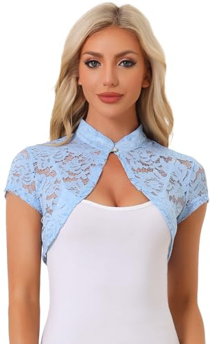 Allegra K Cardigan in Pizzo da Donna Colletto Corto Elegante Bolero Coprispalle Blu M