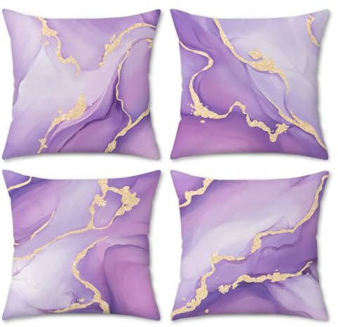 COZZSNUGE Purple Marble Cushion Covers Lilac Gold Marble Texture Modern Abstract Velvet Decorative Pillowcases for Sofa Bed Home Patio 45 x 45 cm Set of 4