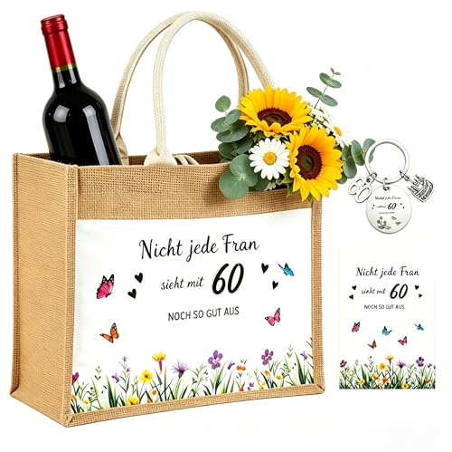 Solivive Geschenk 60 Geburtstag Frau, Jutetasche, Strandtasche, Faltbare Wasserdicht Einkaufstasche, Geschenke für Freundin, Ehefrau, Kollegin, Mama Frauen zum Geburtstag