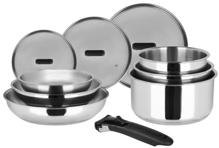 Sitram 717375 Batterie de Cuisine 10 Pièces 100% INOX : 3 Poêles Ø20,24,28 cm + 3 Casseroles Ø16,18,20 cm + 3 Couvercles Verre Ø16,18,20 cm + manche amovible - Tous feux dont induction