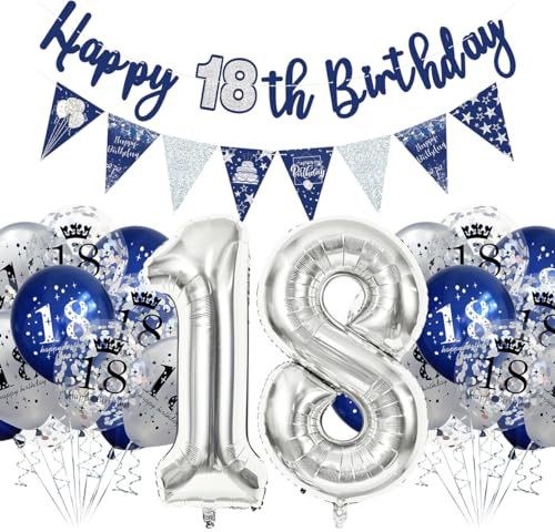 18 geburtstag junge deko, 18-jährige Geburtstagsballons, blau-silbernes Geburtstagsballon-Set, inklusive 18-jährigem Geburtstagsbanner und Ballons, 32-Zoll-Folienballons mit der Zahl 18.