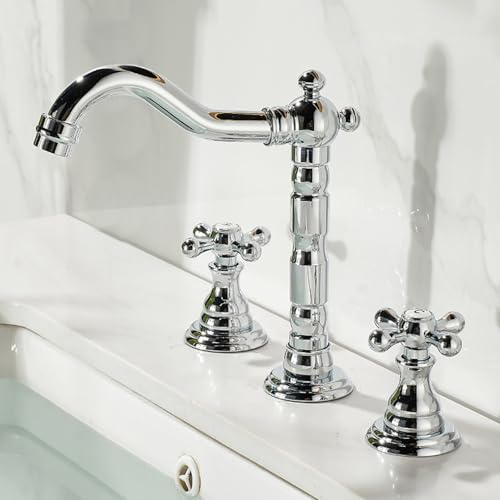 rubinetto lavandino bagno 3 Fori con due maniglie a croce | Miscelatore Bagno Girevole 360° in Ottone montaggio su lavabo,vintage Cromato