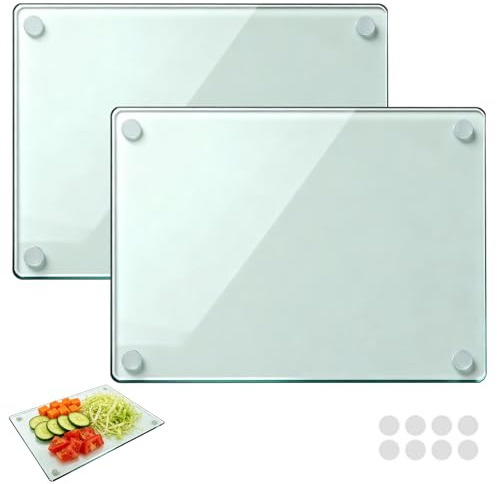 Ghligna Set med 2 skärbräda i härdat glas, 40 x 30 cm, skärbräda i genomskinligt glas, skärbräda, choppingbräda för kök, hållbar, slitstark