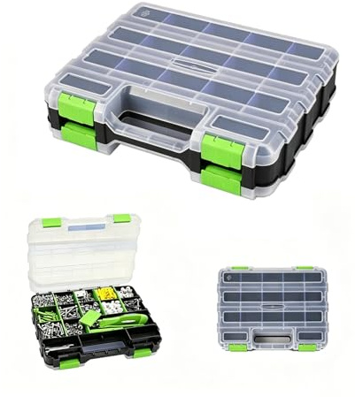 Sortimentskoffer 34 Fächer Doppelseitige Sortierbox - Schrauben Organizer mit Abnehmbaren Trennstege Kleinteilebox für Elektronikteile - Werkzeugbox Aufbewahrung Werkzeug Organizer - Grün