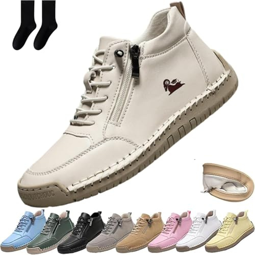 UPOI Handgefertigte orthopädische Bequeme Lederschuhe Montela Schuhe Damen Herren, Leder-Turnschuhe mit seitlichem Reißverschluss, Flache Outdoor-Schuhe, Freizeitschuhe zum Fahren und Gehen