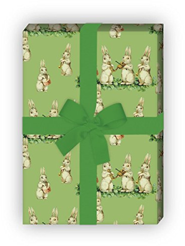 Kartenkaufrausch Süßes Vintage Oster Geschenkpapier Set mit musizierenden Retro Hasen auch zur Geburt, Geburtstag für tolle Geschenk Verpackung, Designpapier, 4 Bogen, 32 x 48cm, grün
