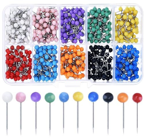MINGZE 500 pièces Carte Tacks Push pins tête, Épingles et punaises, Carte de Voyage Push pins tête Pointe en Acier, 10 Couleurs 1,5cm, appliquer pour marquer Les lieux, Les itinéraires de Voyage