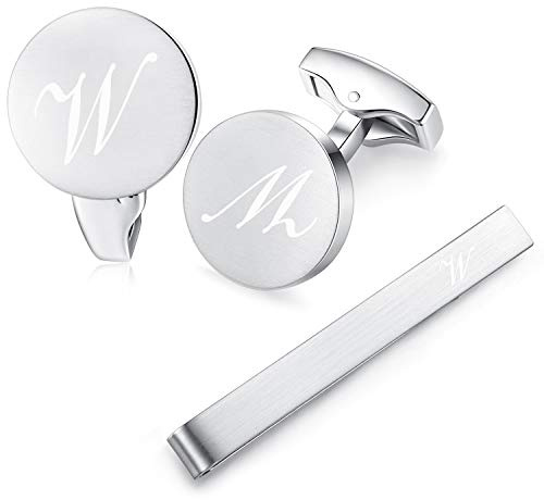 HONEY BEAR Manschettenknöpfe Krawattennadel Set Initialen Buchstabe Herren Edelstahl Hochzeit Cufflinks Manschettenknopf Silber (W Set)