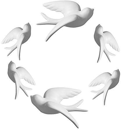Dorlotou Set of 6 White Ceramic Birds Doves Sparrows Swallows Wall Mounted Decor Hanging for Bedroom Livingroom Garden Wall Sculptures