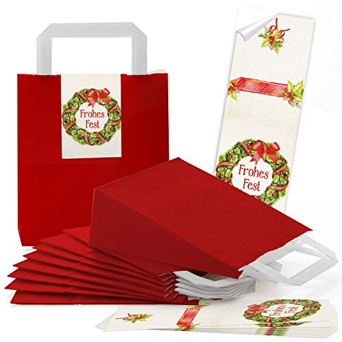 Logbuch-Verlag 50 kleine rote natürliche Kraftpapier Weihnachten Verpackung Papiertragetasche mit Weihnachtsaufkleber FROHES FEST 18 x 8 x 22 cm