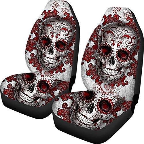 Woisttop Autositzbezüge mit Totenkopf-Blumen-Motiv, 2 Stück, für LKWs, Reisezubehör, einfach anzubringen, dehnbare Schutzbezüge