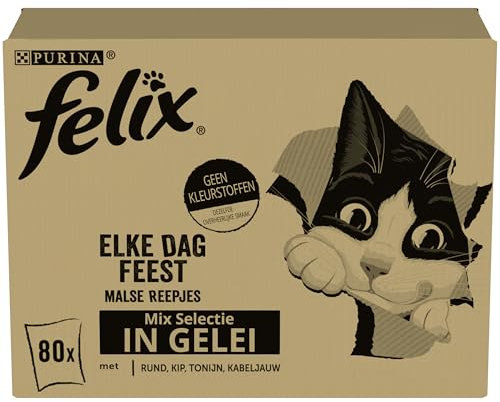 FELIX | Zart konisch | ausgewachsene Katze | Gelee | 100% vollständige und ausgewogene Rezeptur | mit Thunfisch, Kabeljau, Rindfleisch und Huhn | Frischebeutel | 80 x 85 g