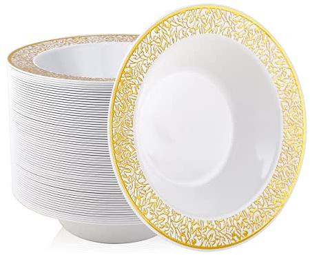 JOLLY PARTY 60 Disposable Gold Plastic Dessert Bowls, 12 oz Soup Bowls, Lace Christmas Thanksgiving Trim, Premium Heavy Duty Plastic Bowl for Wedding/Party (Gold)