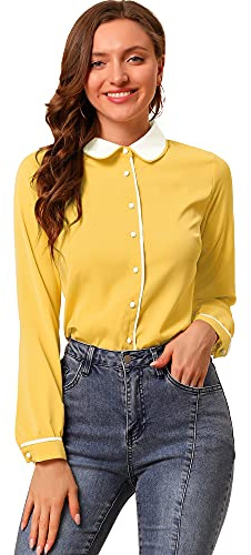 Allegra K Damen Langarm Bubikragen Kontrast Kragen Shirt Bluse Gelb S