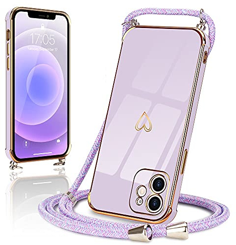 Micoden Handykette für iPhone 11 Hülle Necklace mit Band Herz Design | Kameraschutz Handyhülle Herz Design Galvanik Dünn Silikon Case Bumper Kordel zum Umhängen Stoßfeste Schutzhülle, Lila