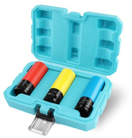 DURATECH Schlagschrauber Nüsse Set, Steckschlüssel-Satz Kraft Schoneinsätze Schonnüsse mit Kunststoffhülse, 1/2”Vierkantantrieb, Cr-Mo, 3-teilig, SW 17mm, 19mm, 21mm, mit Aufbewahrungsbox