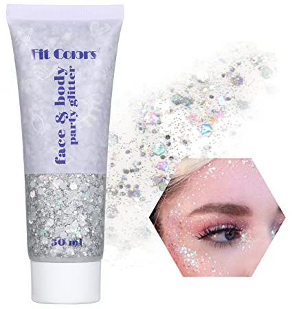 Bestauty Glitzer Make Up, Glitzer Body Damen Body Glitter Gel 50ml, für Gesicht Haare Lippen Nägel DIY, Long-Lasting für Festival Party Make-up Bastelglitzer Glitzer Gesicht Festival(Silber-50ml)