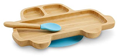 GREENBOX Juego de platos de bambú para coche, plato de ventosa con cuchara, certificado FSC, juego de cuencos de madera de bambú para niños pequeños, plato y cuenco para aperitivos, vajilla de bambú