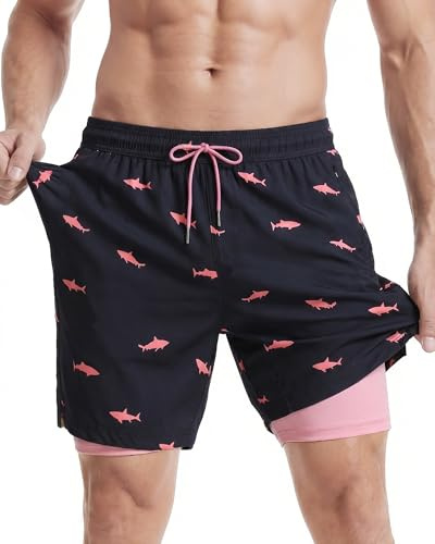 maamgic 5 Mens Swim Shorts with Compression Liner 4-Way Stretch Bathing Suit Swimming Shorts 2 in 1 Men's Swim Trunks with Zipper Pockets Quick Dry