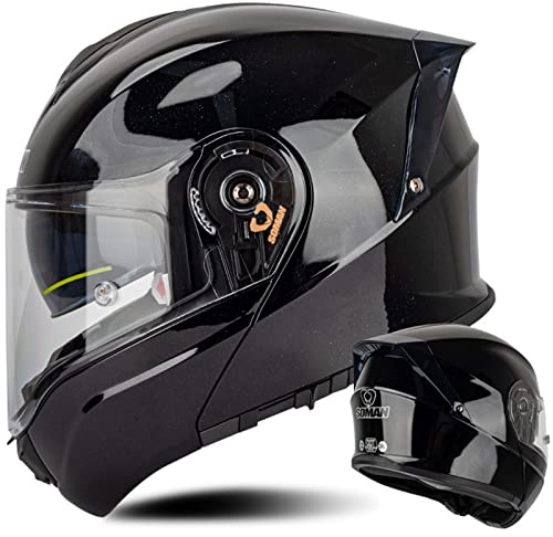 Klapphelm Motorradhelm Herren Damen Integralhelm Motorrad Flip up Helm mit Doppelter Sonnenblende für Lokomotiv Chopper Mofa Moped Roller DOT/ECE Zertifiziert, Schwarz-S(55~56cm)