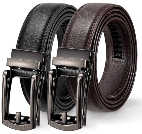 WERFORU Lot de 2 ceintures automatiques en cuir pour homme - Pour costume et loisirs - Avec boucle automatique, D-noir+café, Länge 145 cm