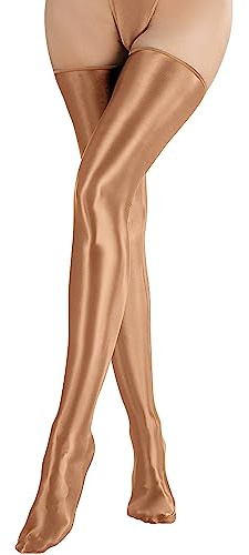 Maeau Bas Femme Huile Brillant au-dessus du genou Bas Femmes Sexy Lisse Autofixant Bas Gothique Extensible Bas Noir Taille Unique Chaussettes Genou, A1 marron, taille unique