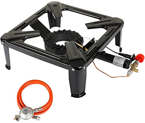 Réchaud à gaz 7KW, Rechaud Camping Gaz, Rechaud fonte gaz, avec Fusible d'allumage, Tuyau de gaz propane de 1,5m, Régulateur de pression Norme Française, Camping Brûleur à Gaz,Outdoor Cuisinière à gaz