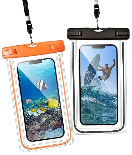 Ruayia [Lot de 2 Pochette Étanche Smartphone, IPX8 Pochette Téléphone Étanche, Housse Étanche Smartphone pour iPhone 14 13 Pro Max 12, Samsung, Huawei, Jusqu'à 6,8'' (Nior+Orange)