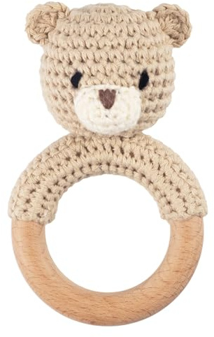 Joliecraft Safari Animals Wooden Baby Rattle Toys Stuffed Crochet Rattle with Teether Ring for Newborn, Beige Bear