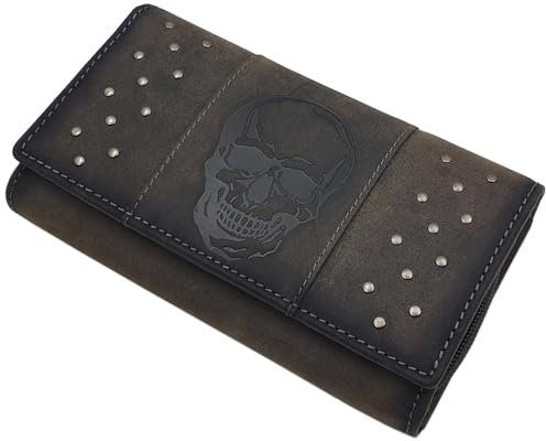myledershop Große Büffel-Vollleder Damen Geldbörse/Geldbeutel/Portemonnaie/Geldtasche mit Totenkopf-Motiv mit RFID & NFC Schutz (Vintage-Grau)