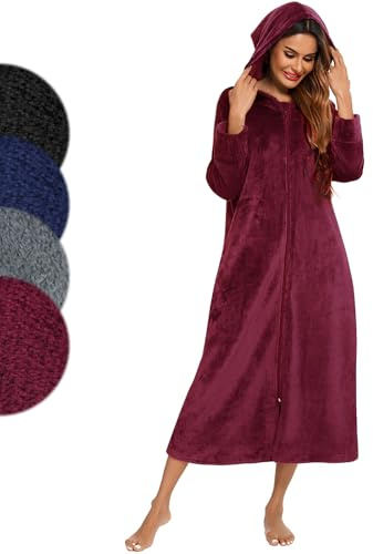 Minicoco Accappatoio da donna in pile super morbido, con tasche, bordeaux, L