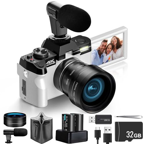 Digital Cameras for Photography with 180° Flip Screen,Vlogging Camera for YouTube 4K 48MP,DSLR Cameras with 32GB TF Card,2 Batteries (White)