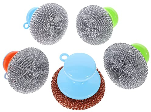 HyKab 5 Sets Wire Brush Handle Sponges for Cleaning Stainless Steel Saucepan Cleaning Tool Scrub Pot Scourers Kitchen Cleaning Brush Metal Scrub Sponge Pan Steel Scrubber Pot Scrubber Brushes