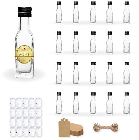 Espirito Rebelde 20 Mini-Flaschen aus Glas, 20 ml, mit Schraubverschluss, Schwarz + Siegel + Etikett aus Kraftpapier + Faden | Süße Alkohol 2 cl, kleine Fläschchen, ideal für Geschenke, Hochzeiten